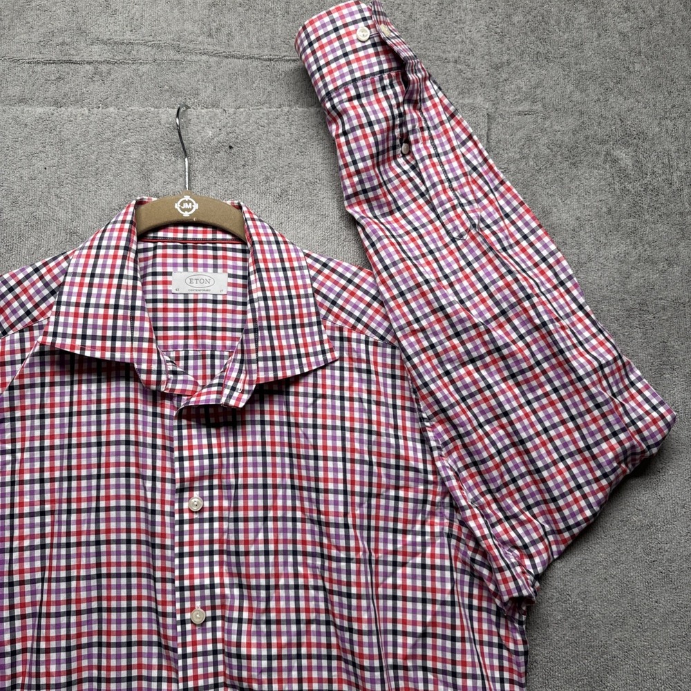 Eton Contemporary Plaid Shirt Red White Purple Men's 17 L Luxe Dress